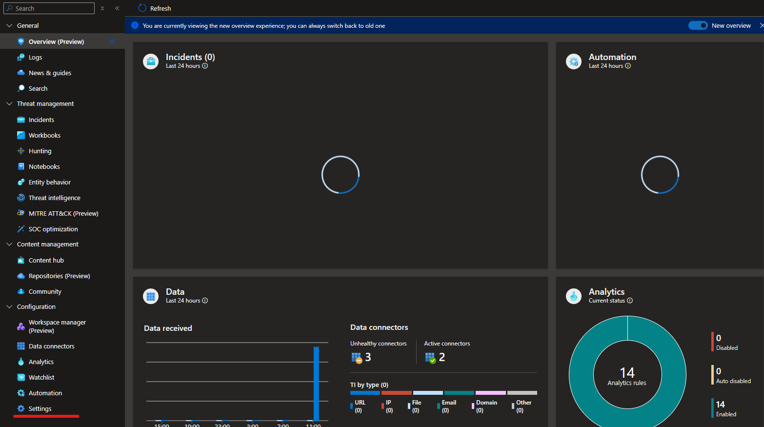 Sentinel settings navigation